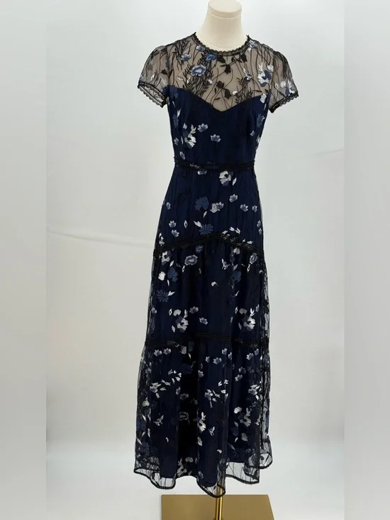 Monique Lhuillier Navy Blue Floral Embroidered Lace Midi Evening Cocktail Dress - Picture 14 of 16